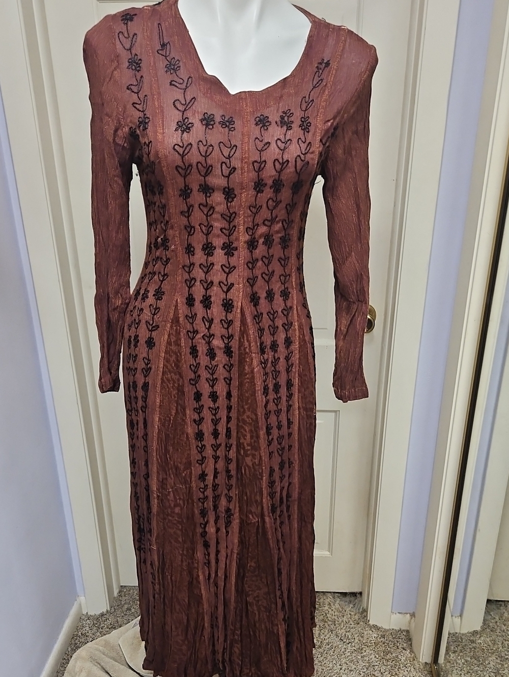 Vintage Rare 1990s Long Brown Embroidered Gauze Dress From India